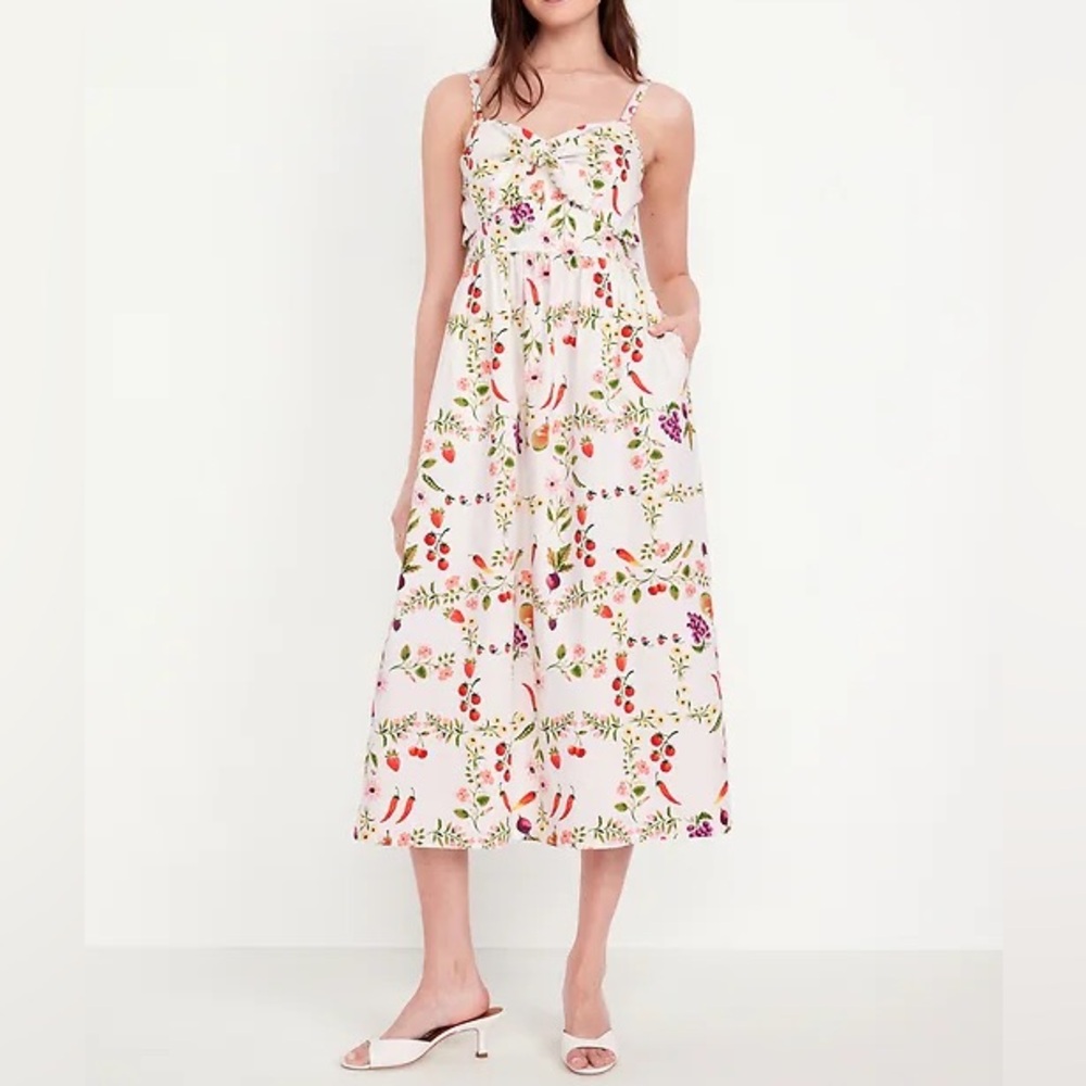 Old Navy Fit & Flare Tie Front Midi Dress in Fruit and Floral